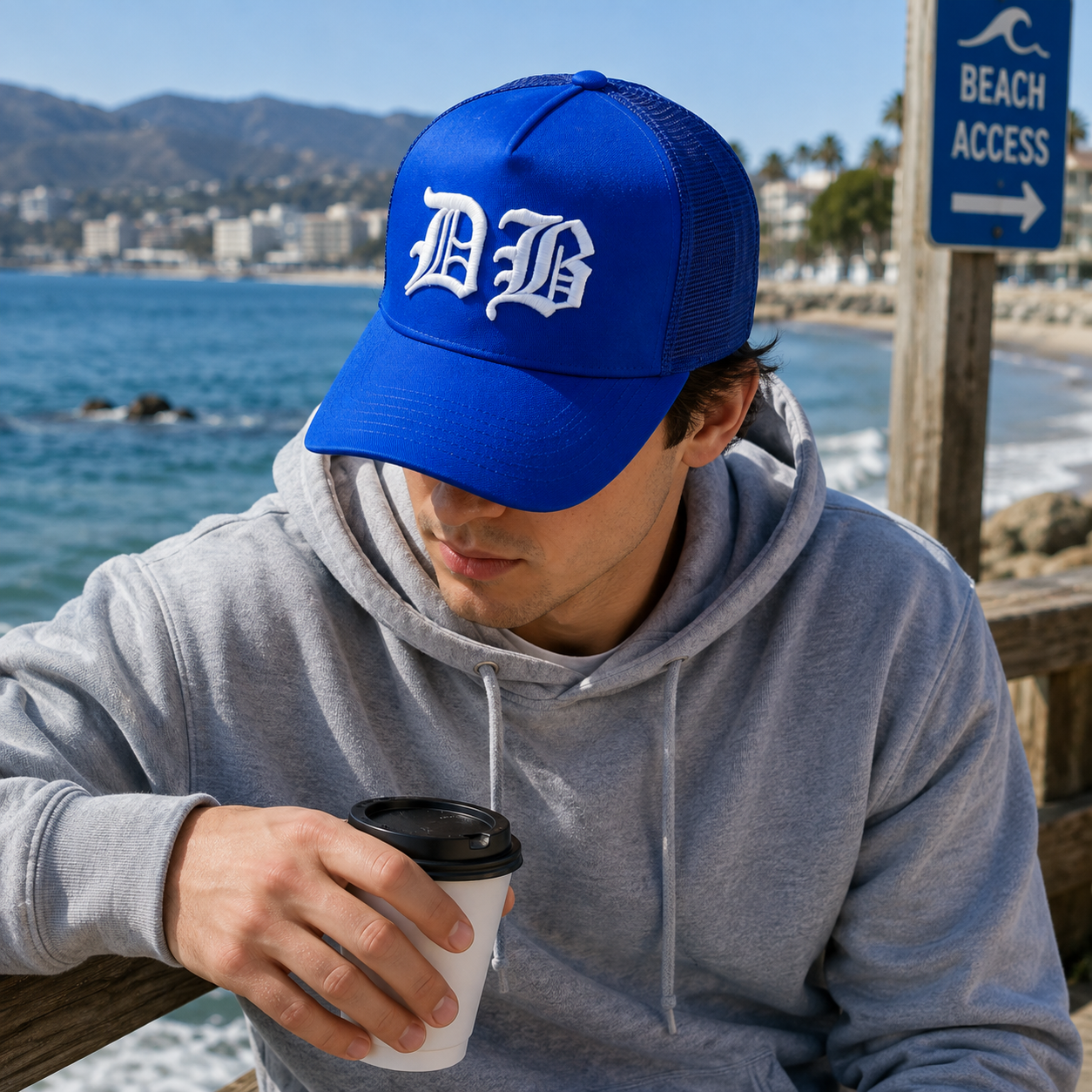 Royal Blue Mesh-Back Trucker Cap with Raised White Gothic DB Embroidery