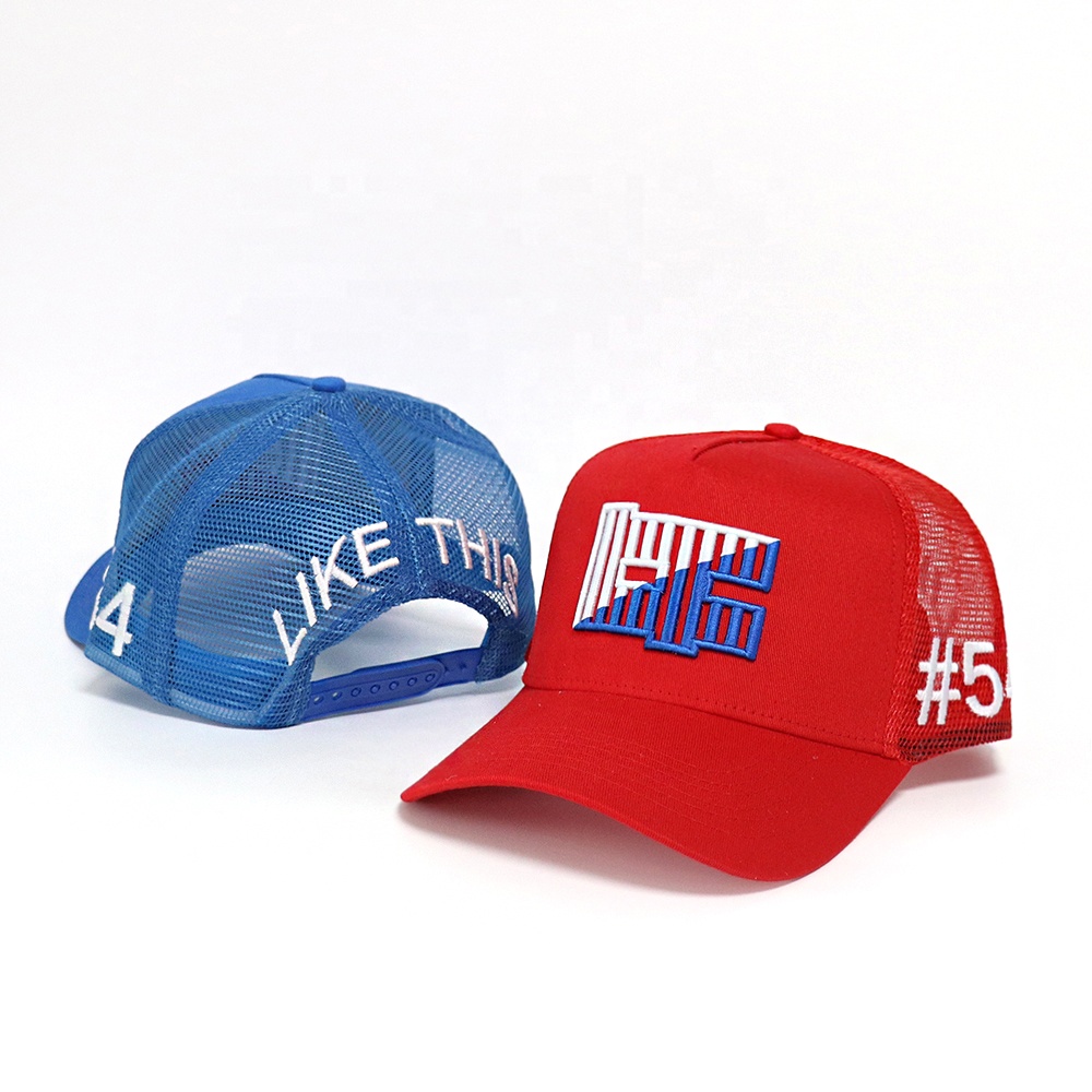 Red and Blue 5-Panel Mesh Trucker Hats with 3D Embroidery