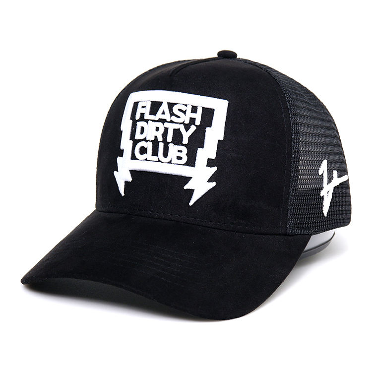Black Suede Front Mesh Trucker Cap with Bold White Embroidered Graphic