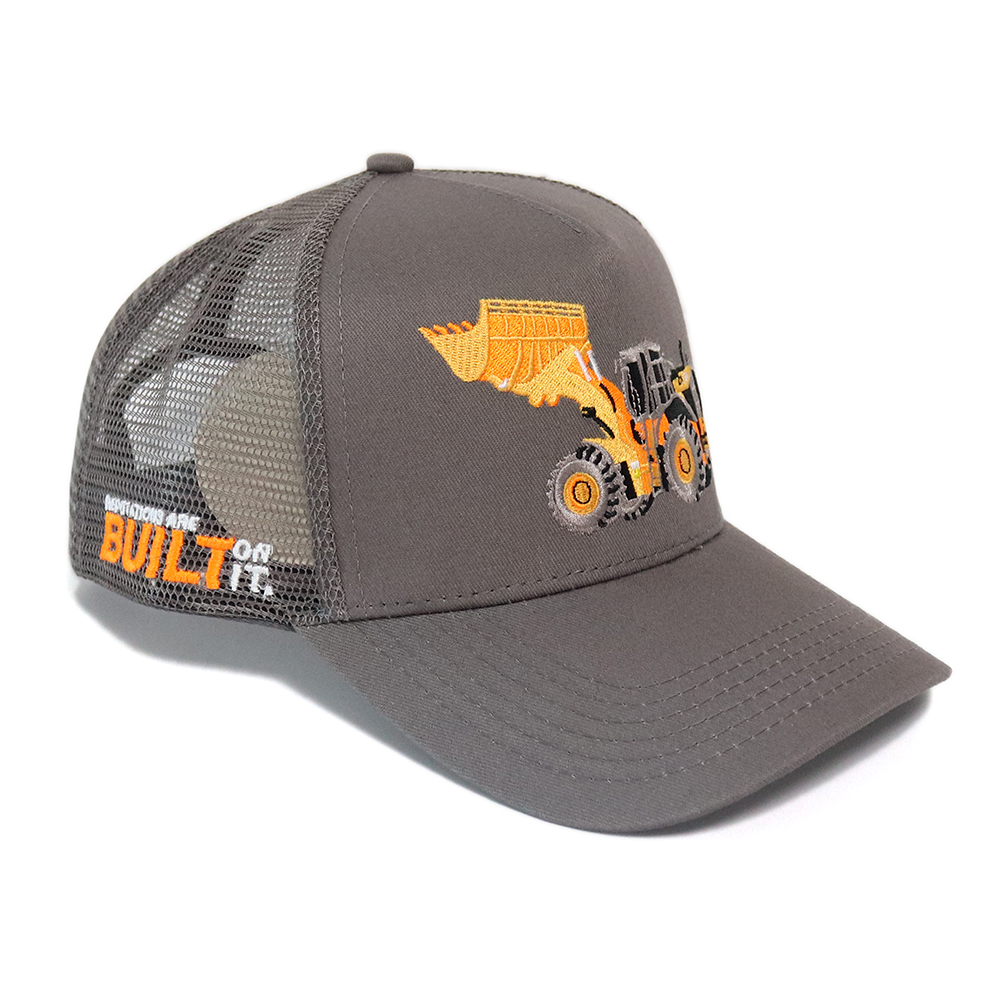 Grey Construction Vehicle Embroidered Logo Mesh Trucker Cap