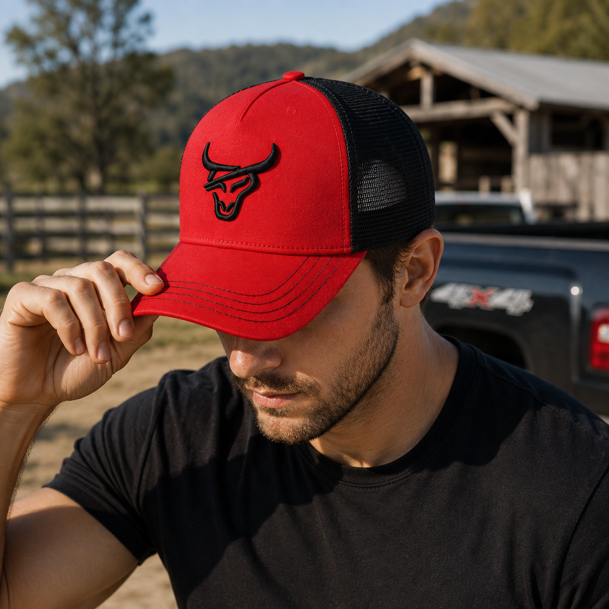 Red and Black Bull Logo Embroidered Mesh Trucker Cap