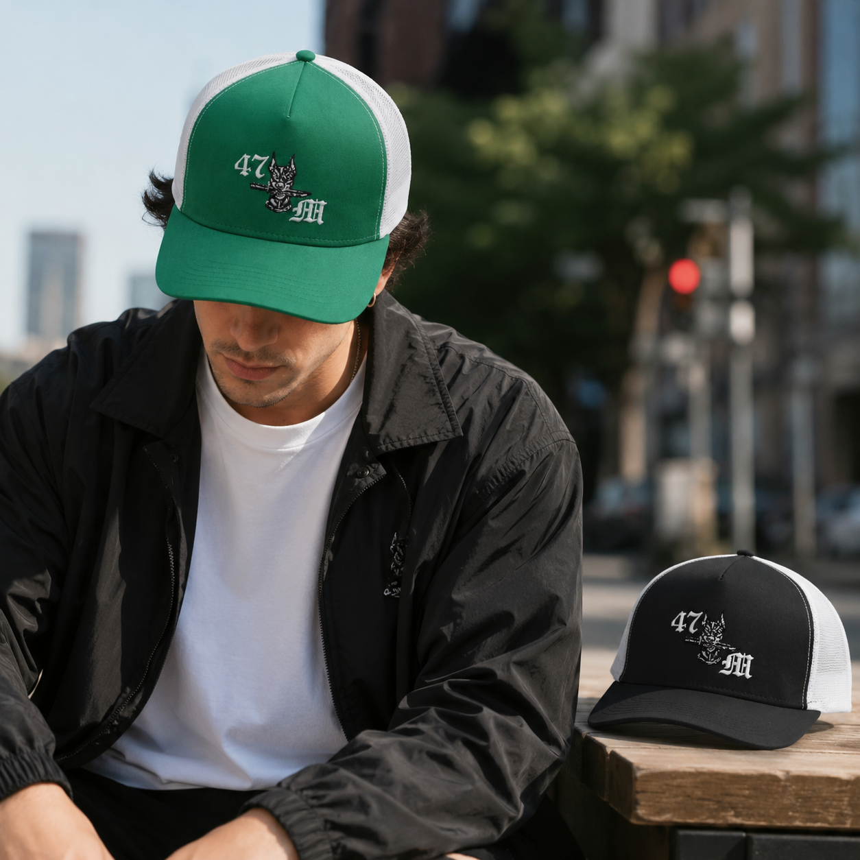 Green and Black Two-Tone Mesh Trucker Hats with 47 Eagle Embroidery