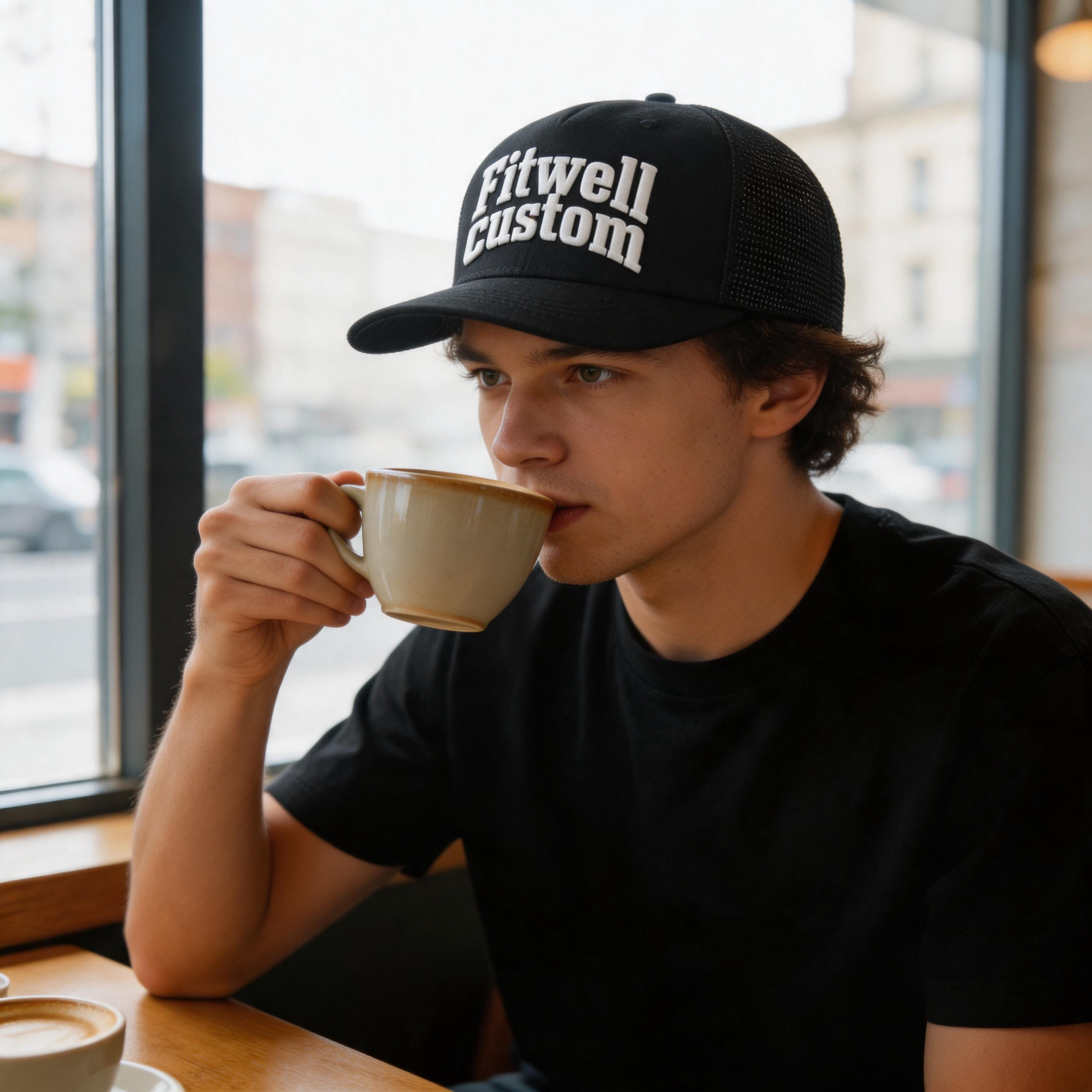 Black Mesh Trucker Hat with Young Zurich Embroidered Slogan Logo