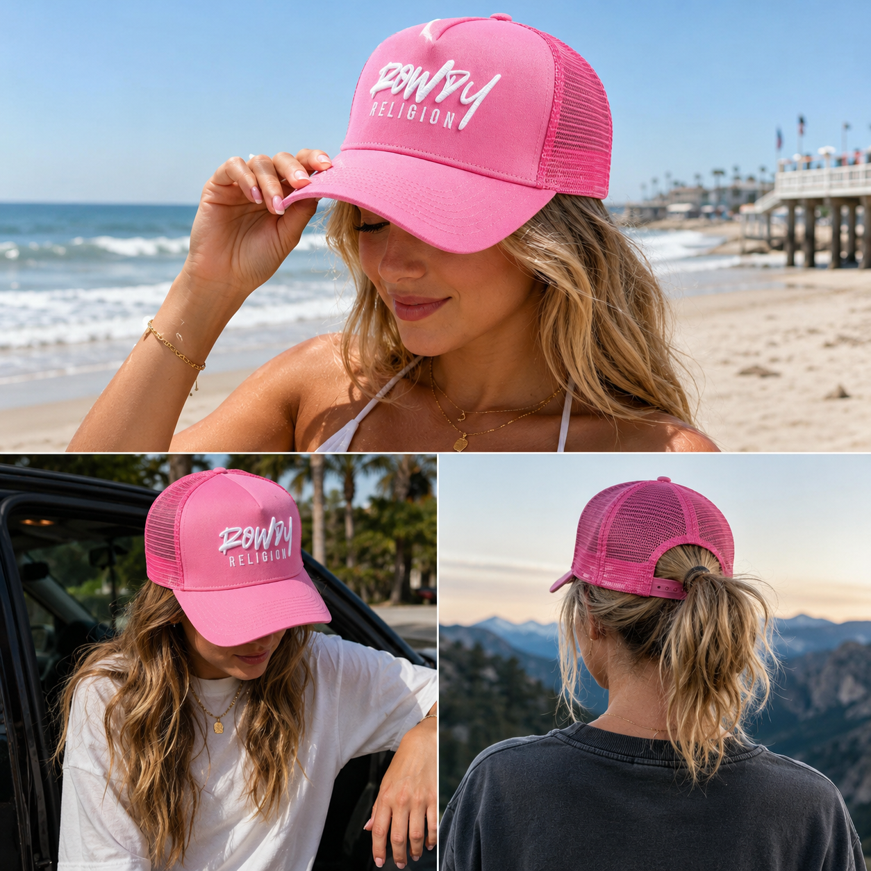 Bright Pink 5-Panel Mesh Trucker Cap with White Script Embroidery