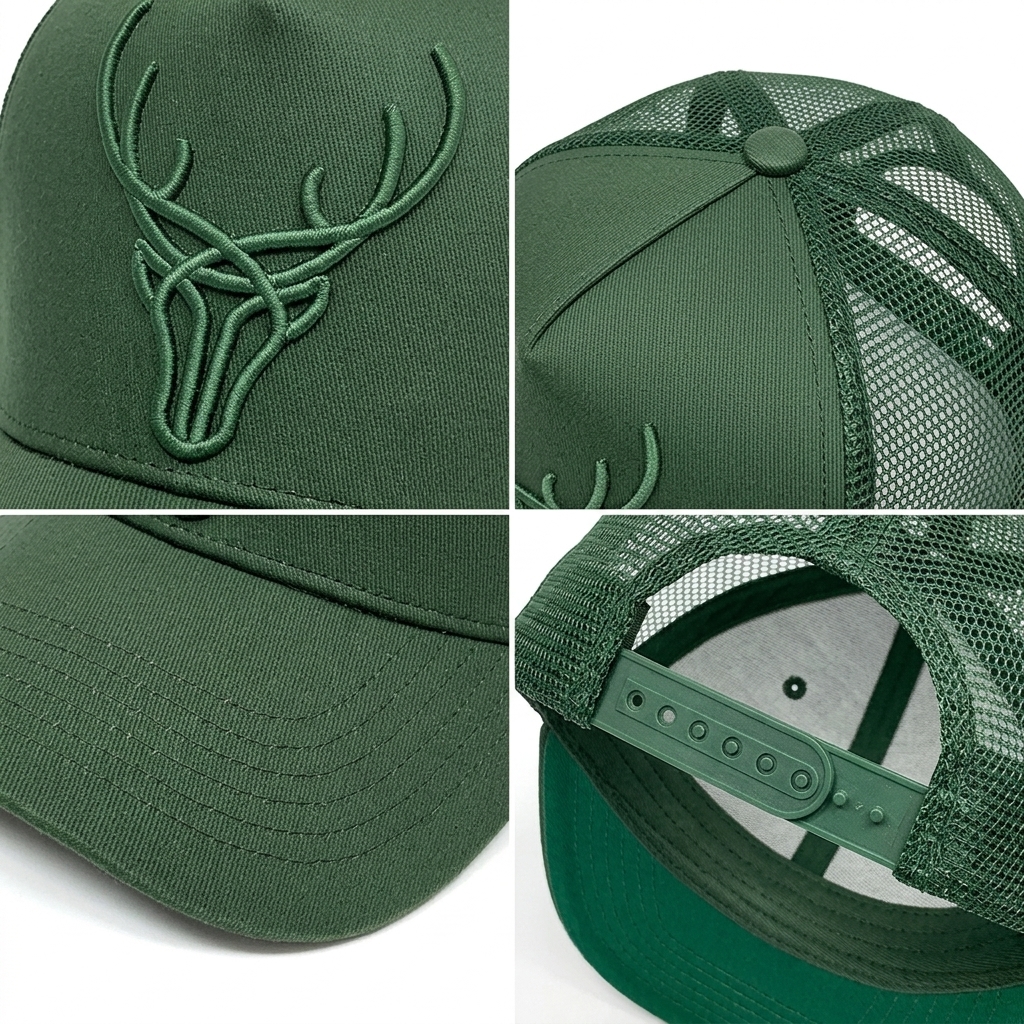 White and Forest Green Deer Embroidered Five-Panel Trucker Caps