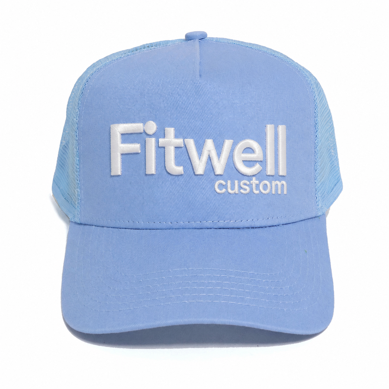 Light Blue 5-Panel Mesh Trucker Hat with White Embroidery