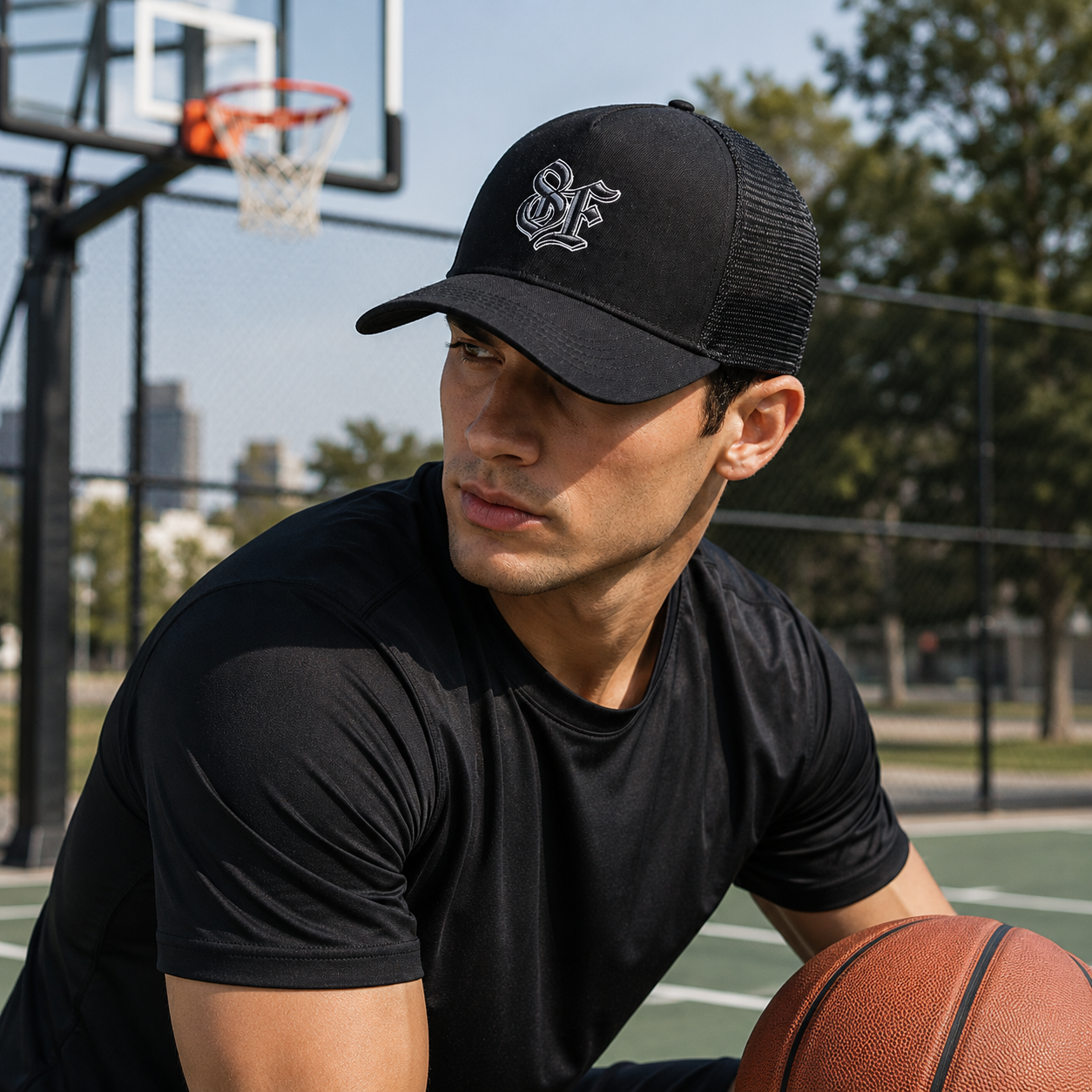 Black Mesh Trucker Cap with Embroidered Gothic Letter Logo