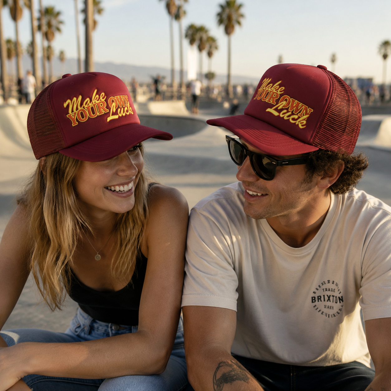 Burgundy Mesh-Back Trucker Cap with Raised Make Your Own Luck Embroidery