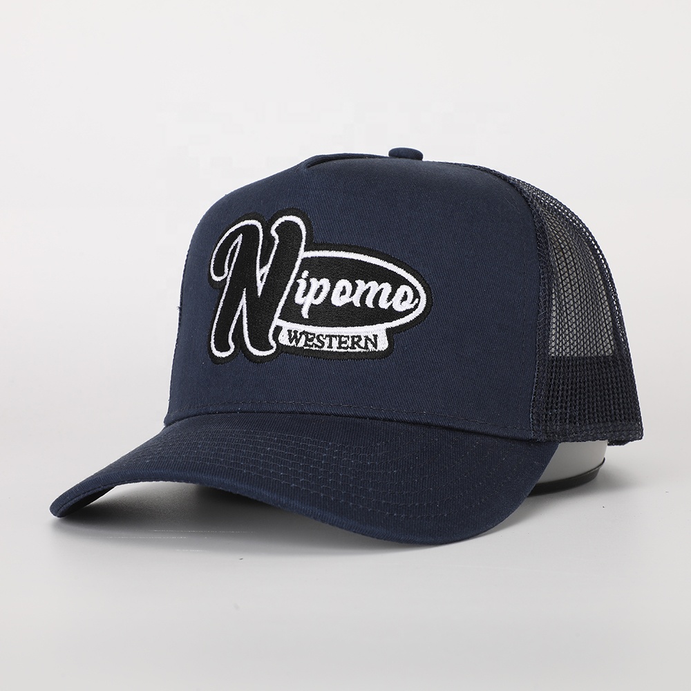 Navy 5-Panel Cotton Trucker Hat with Nipomo Western Embroidery