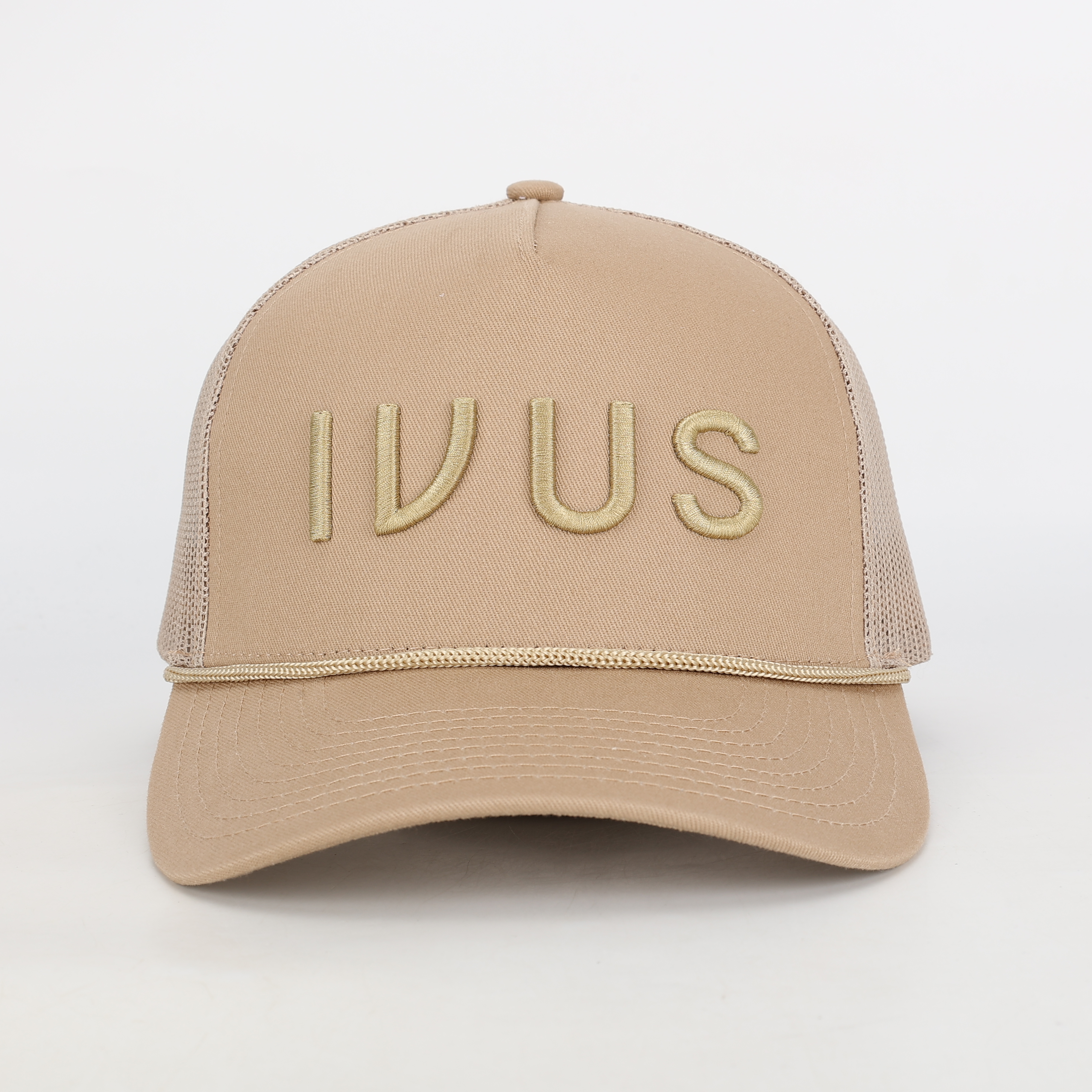 Beige Cotton Mesh Trucker Hat with Embroidered V Logo
