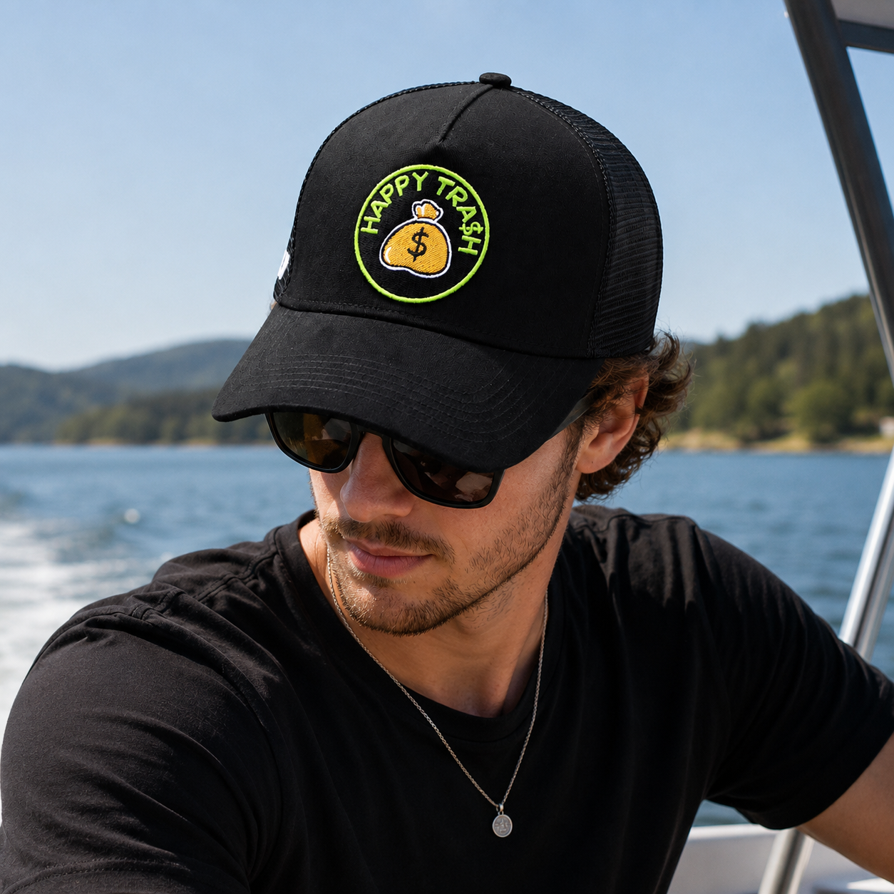 Black Happy Trash Money Bag Patch Mesh Trucker Cap