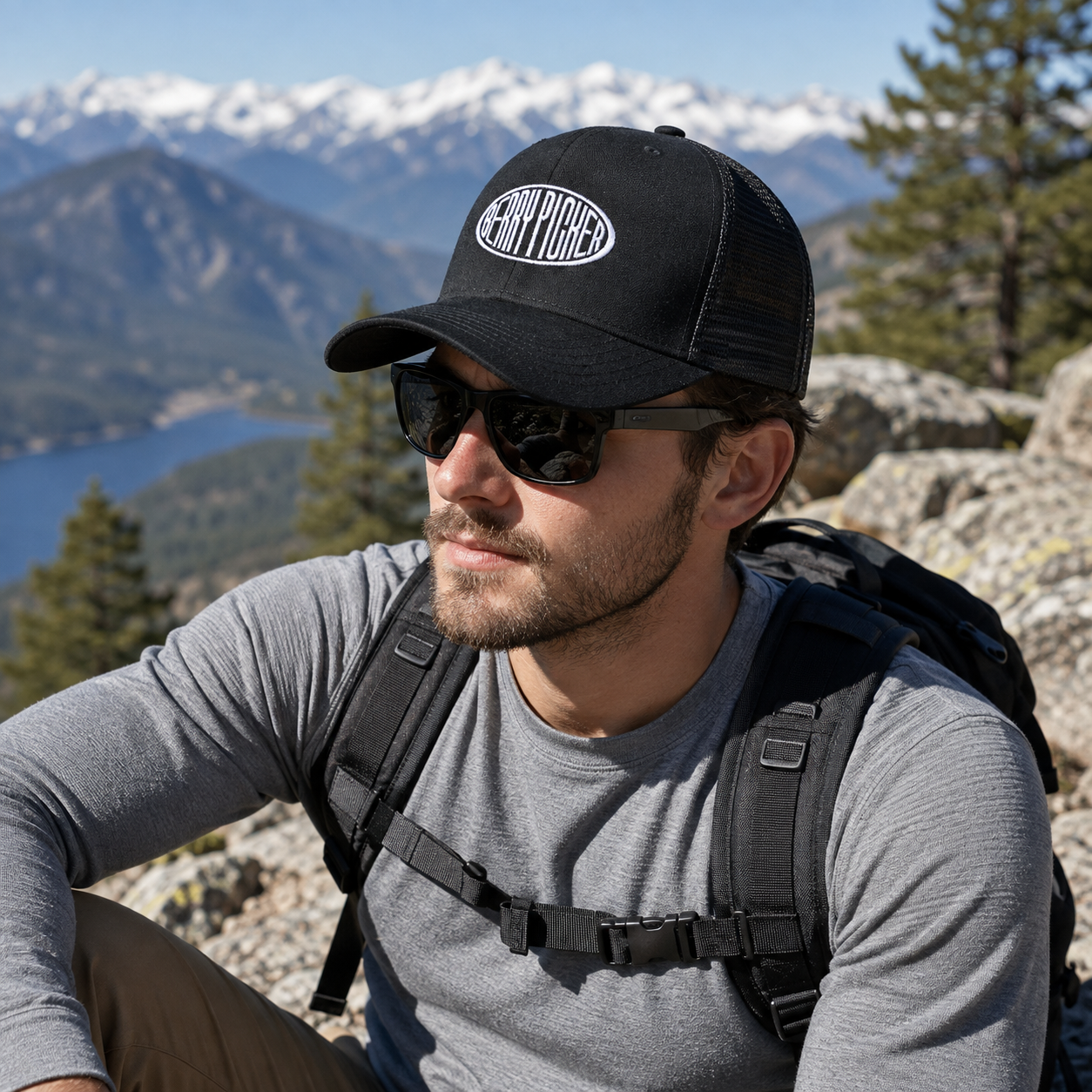 Black Mesh Trucker Cap with White Oval Embroidered Letter Logo