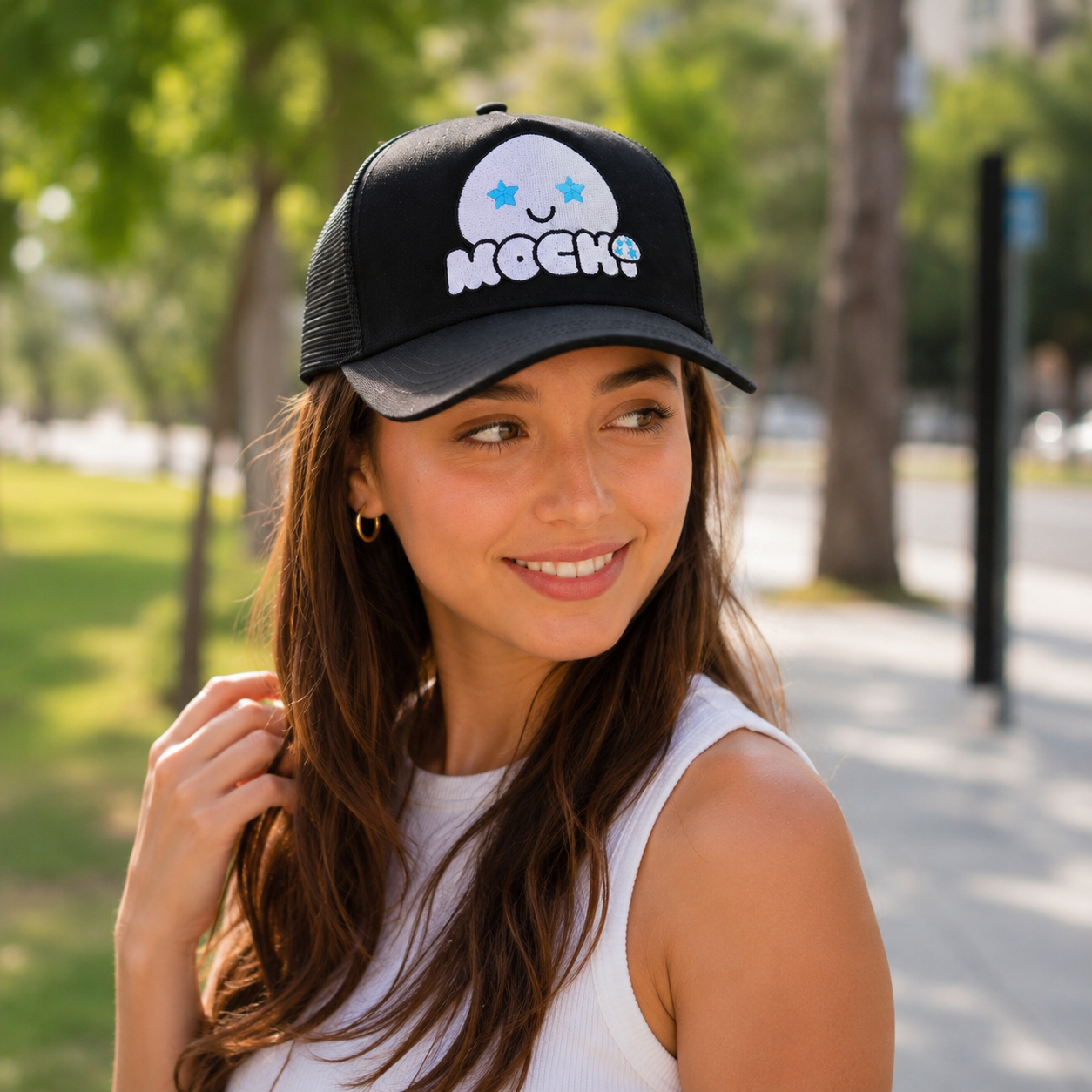 Black Cartoon Face Embroidered Mesh Trucker Hat