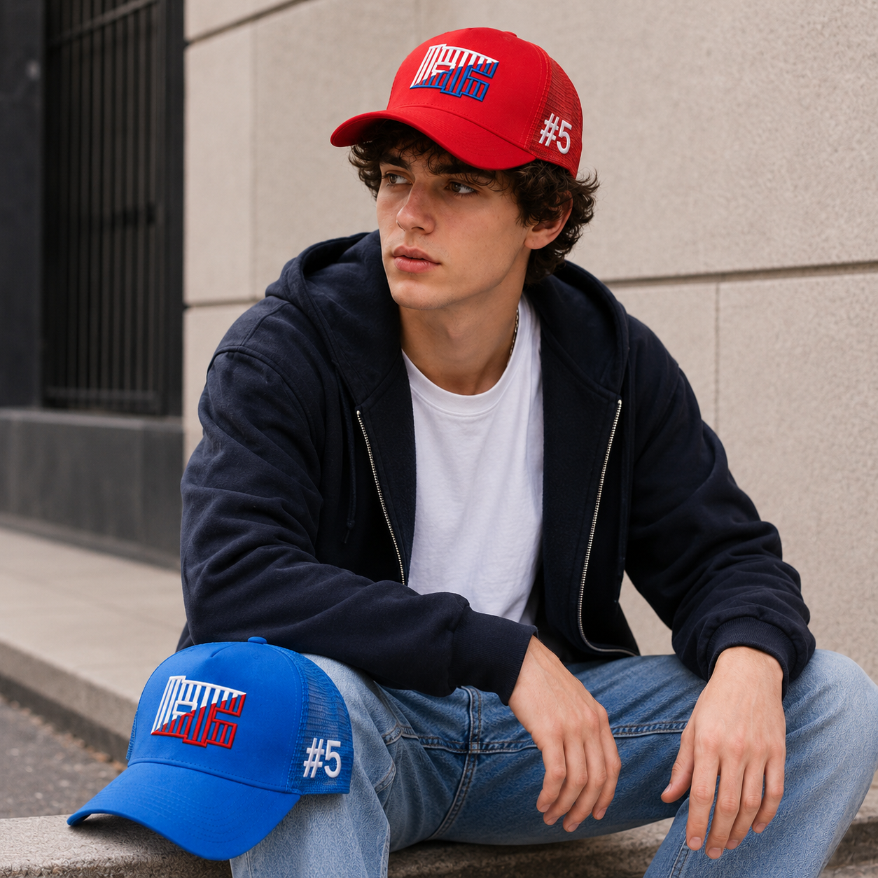 Red and Blue 5-Panel Mesh Trucker Hats with 3D Embroidery