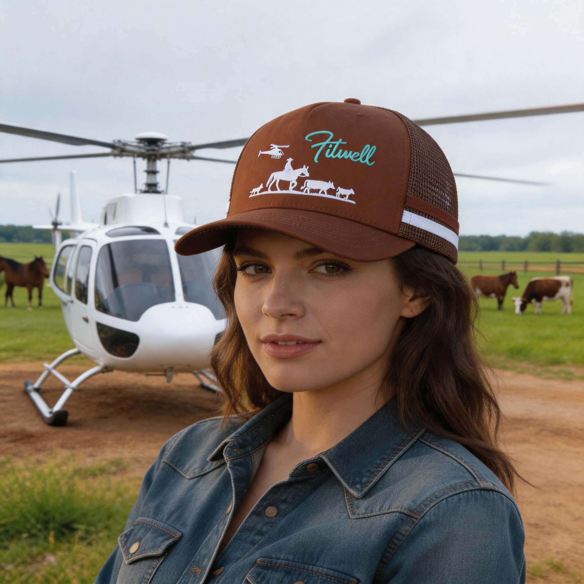 Brown Cotton Mesh Trucker Hat with Ranch Animal Embroidered Logo