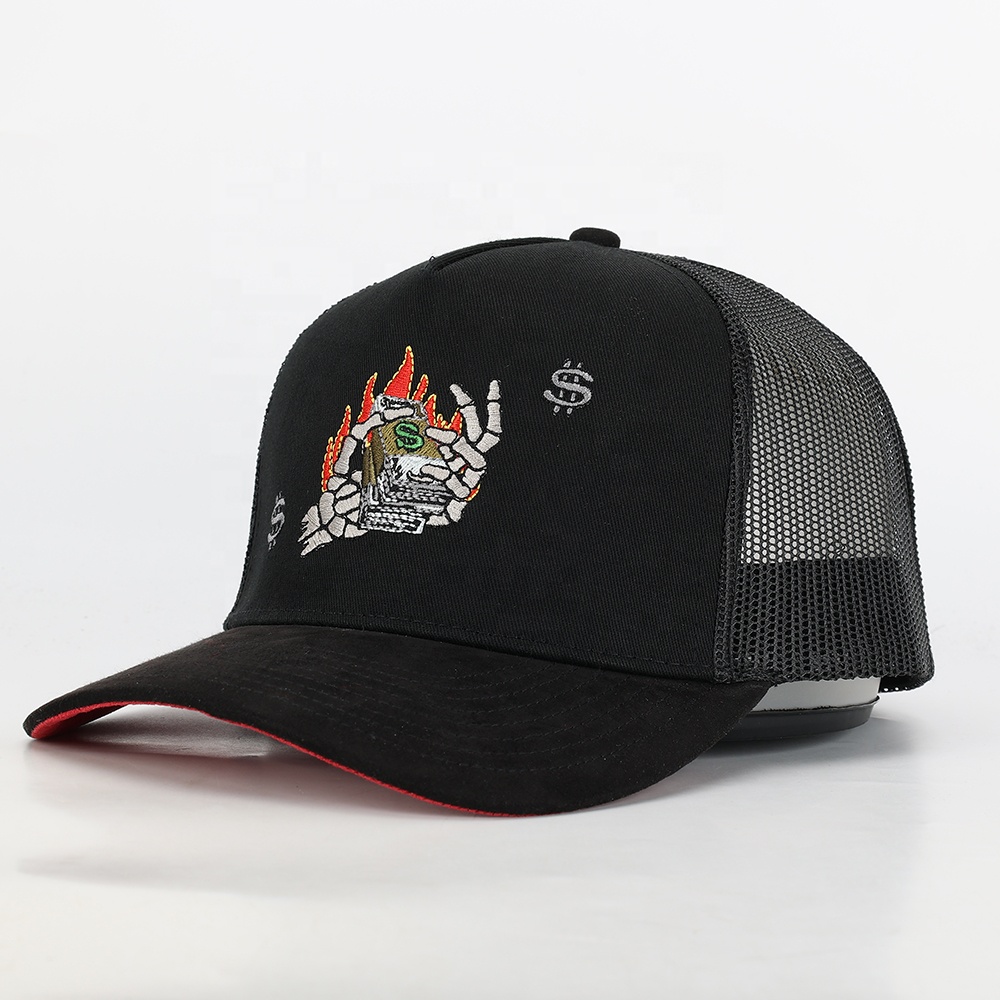 Black 5-Panel Mesh Trucker Cap with Multicolor Graphic Embroidery – Curved Brim Streetwear Hat