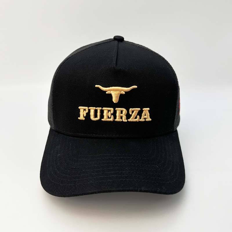 Black FUERZA Bull Embroidered Cotton Mesh Trucker Hat