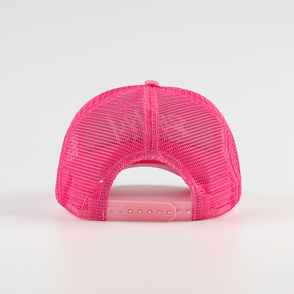 Bright Pink 5-Panel Mesh Trucker Cap with White Script Embroidery