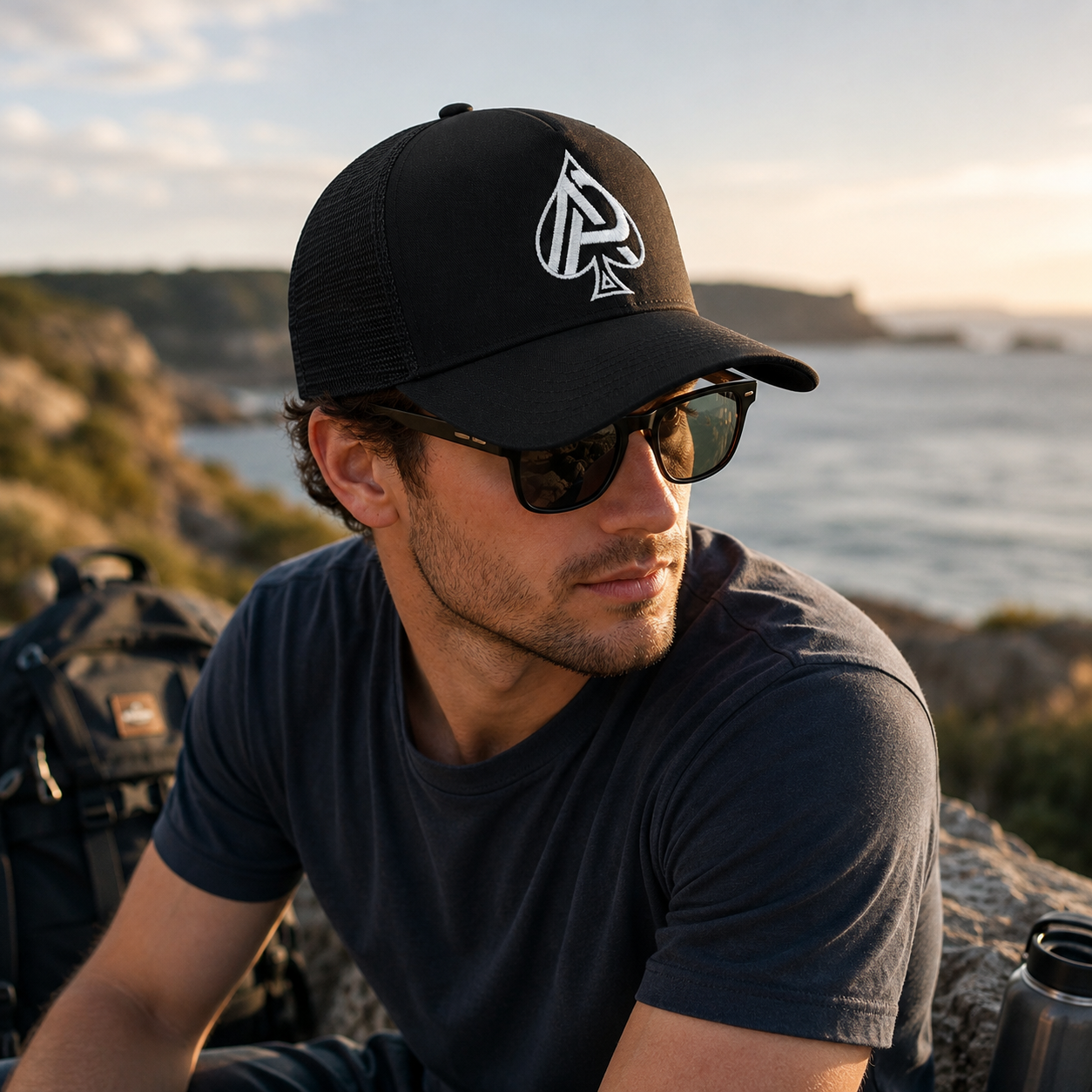 Black Mesh Trucker Cap with White Spade Logo Embroidery