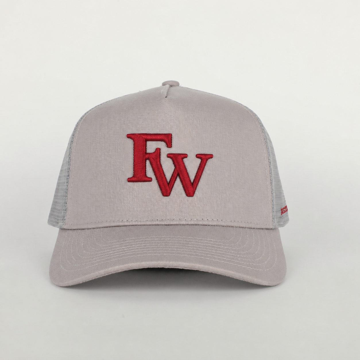 Stone Gray Cotton Trucker Hat with Red Embroidered Monogram Logo