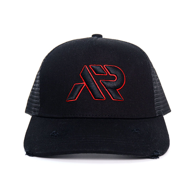 Black Red Logo Embroidered Mesh Trucker Hat