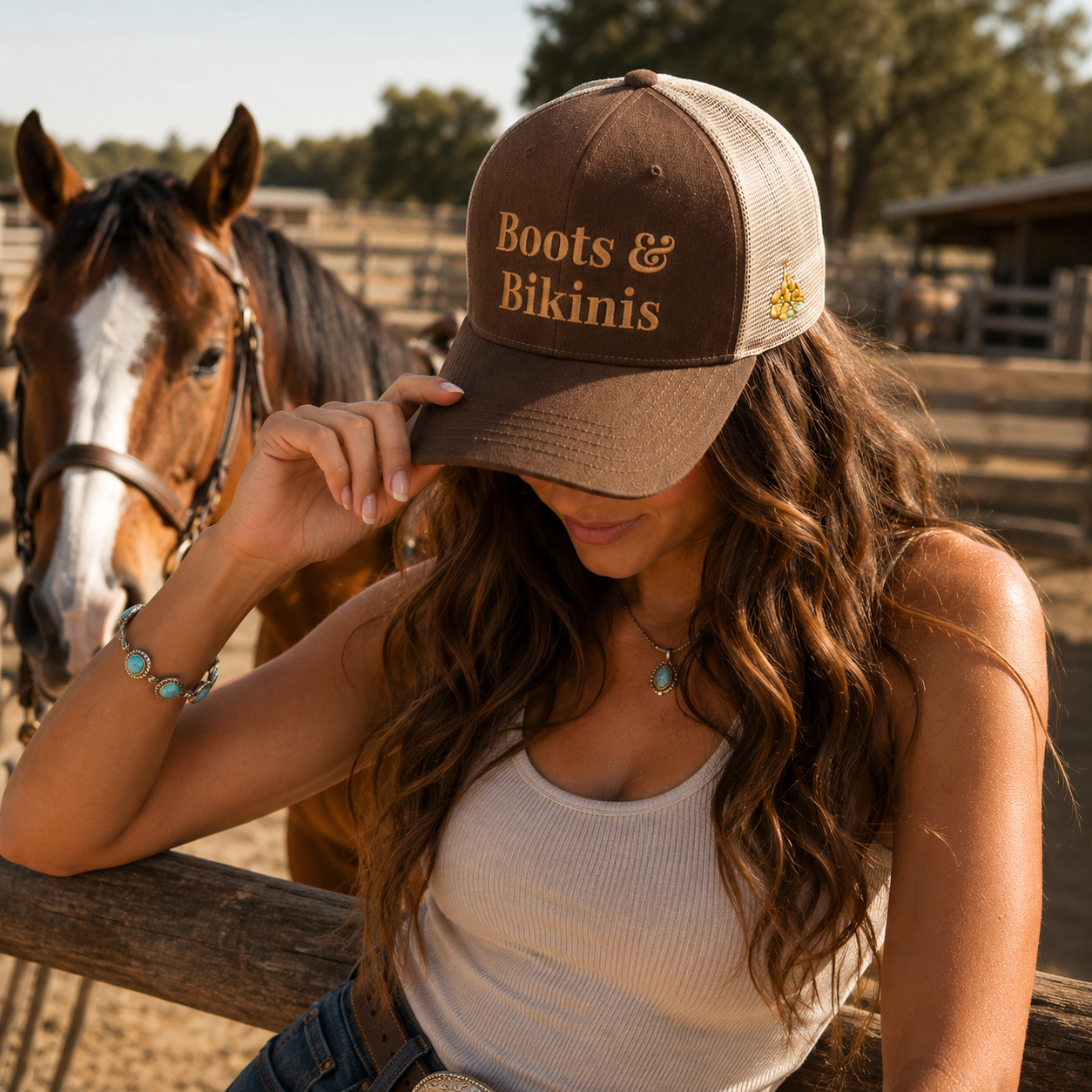 Boots & Bikinis Brown Mesh Embroidered Trucker Hat