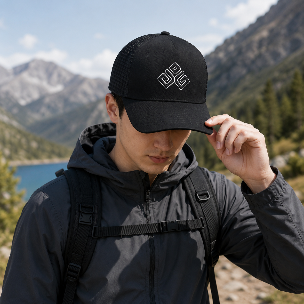 Black Cotton Mesh Trucker Cap with White Embroidered Geometric Logo