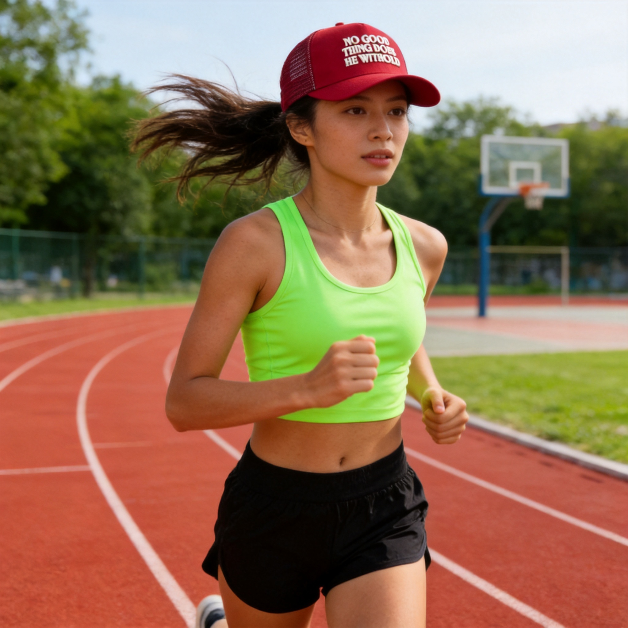 Red Embroidered Slogan Mesh Trucker Cap