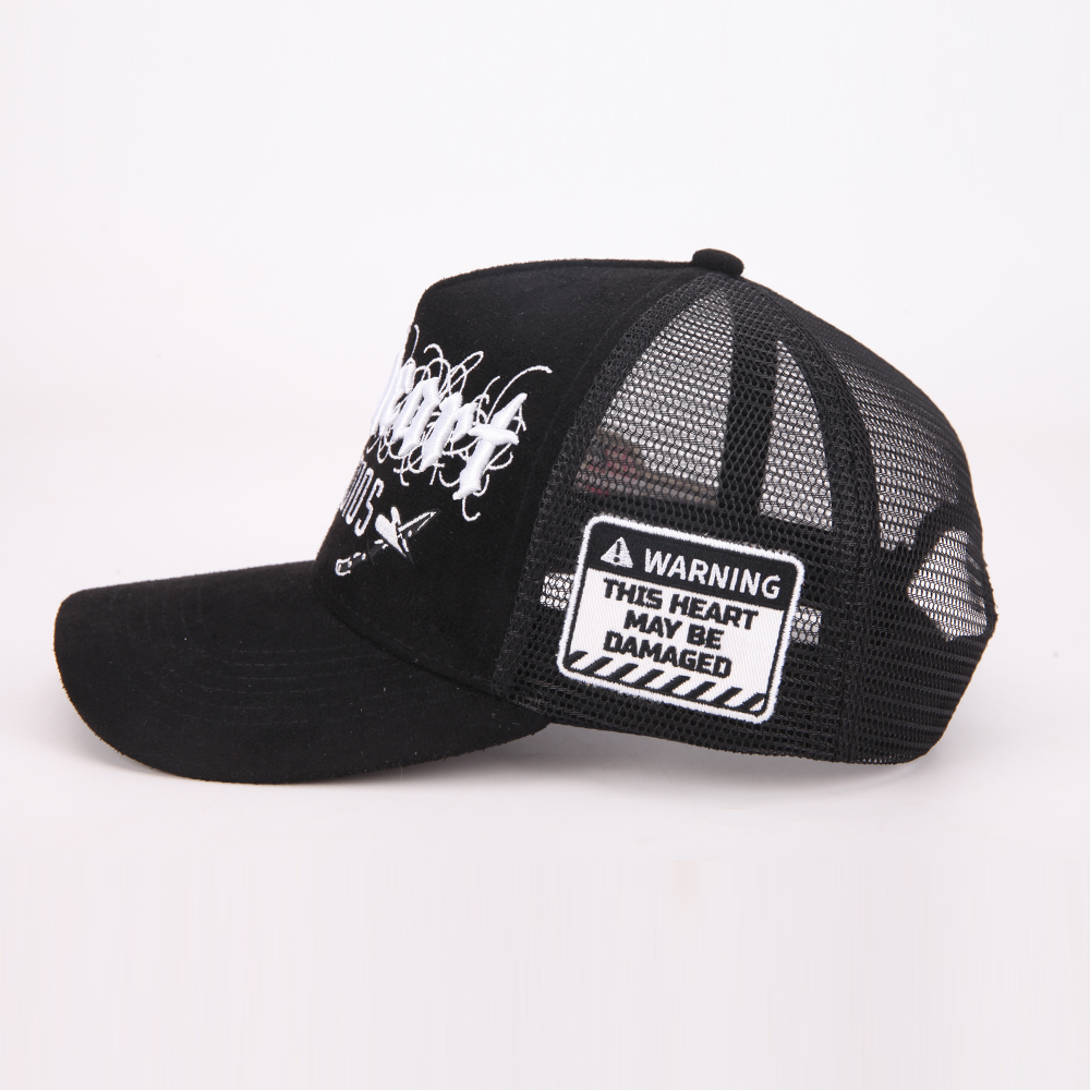 Black & White 5-Panel Cotton Trucker Hat with 3D Embroidered Studio Graphic, Warning Side Patch, Mesh Back and Curved Brim – Unisex Streetwear Cap