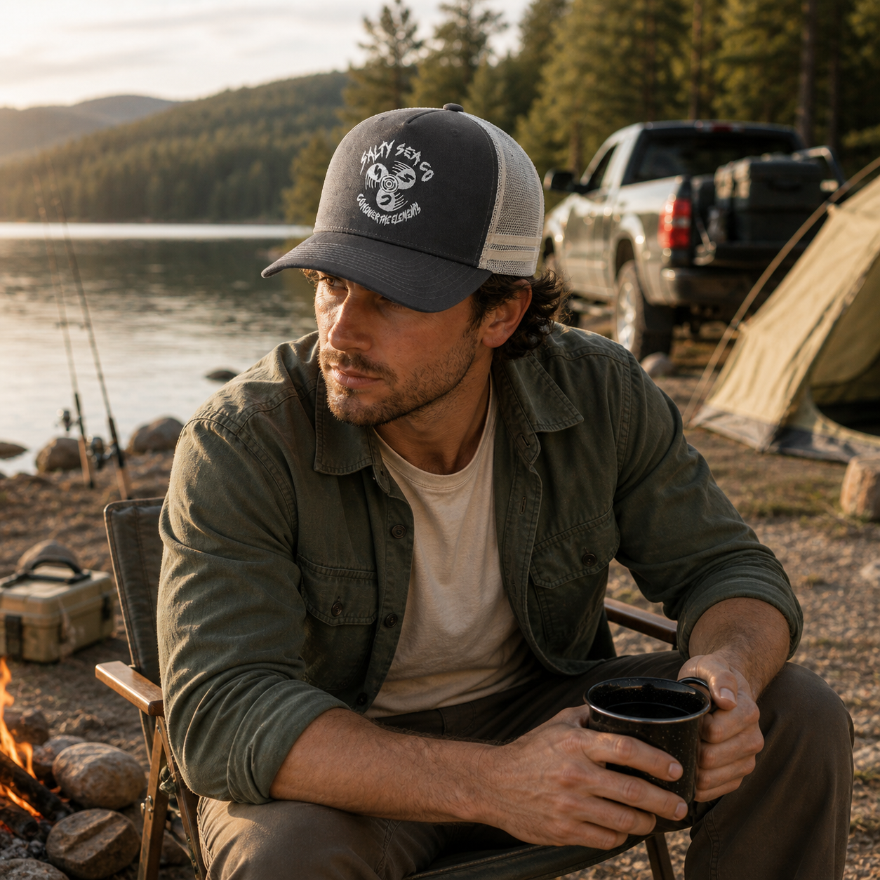 Salty Sea Co Embroidered Grey 5 Panel Cotton Trucker Hat