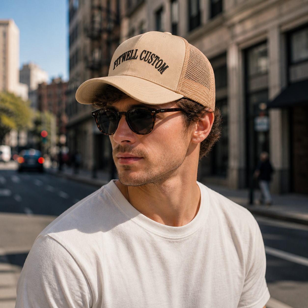 SAINT FAITH Beige 5-Panel Cotton Mesh Trucker Hat with Embroidered Letter Logo