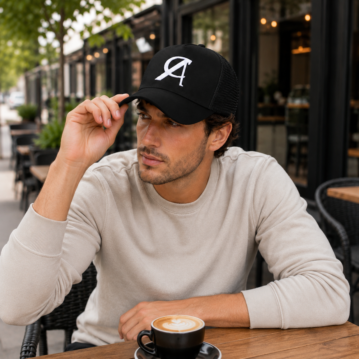Black Mesh Trucker Hat with White Embroidered A Logo