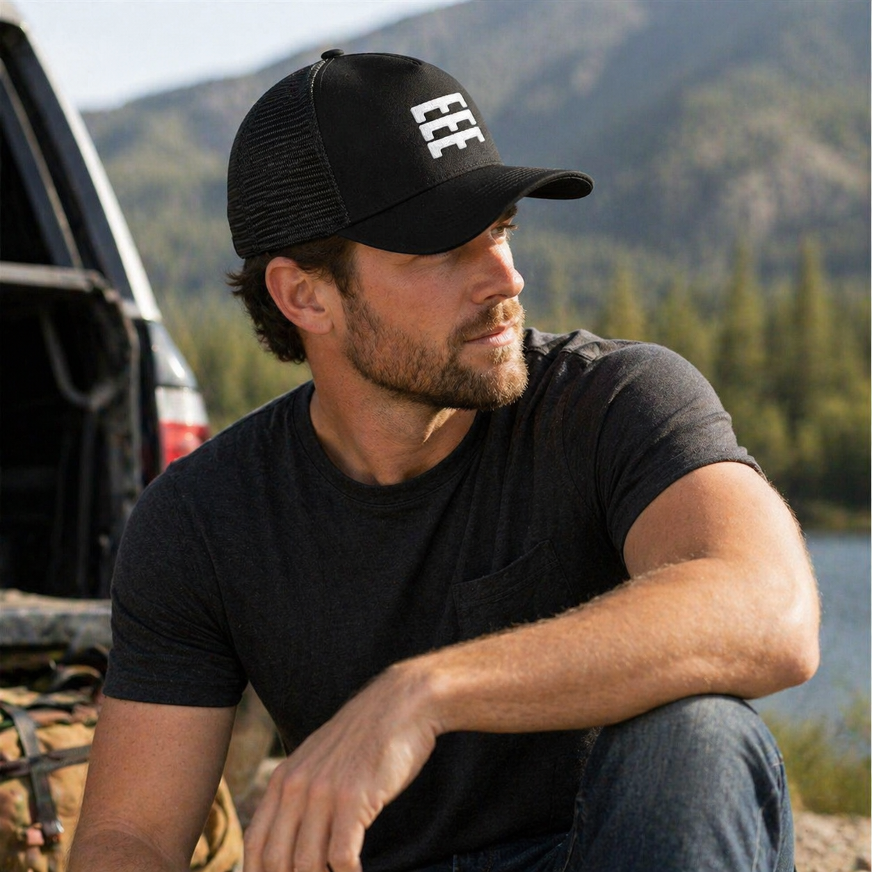 Black 5 Panel Mesh Trucker Cap with White Embroidered Logo