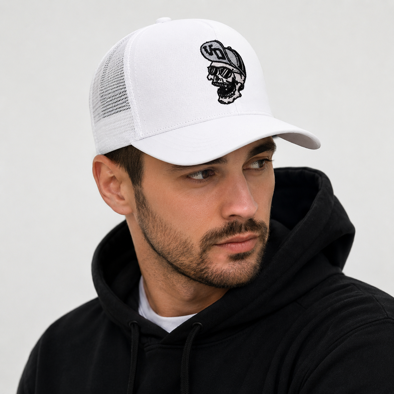 Skull Rider Embroidered Cotton Mesh Trucker Hat