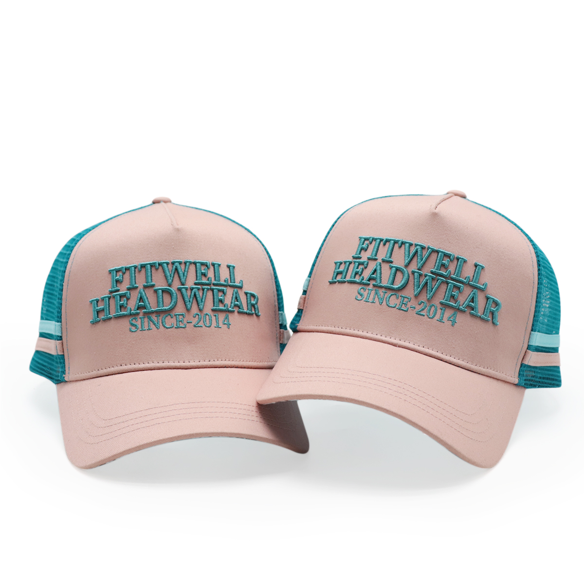 Pink and Teal Five-Panel Mesh Trucker Cap with Raised Letter Embroidery