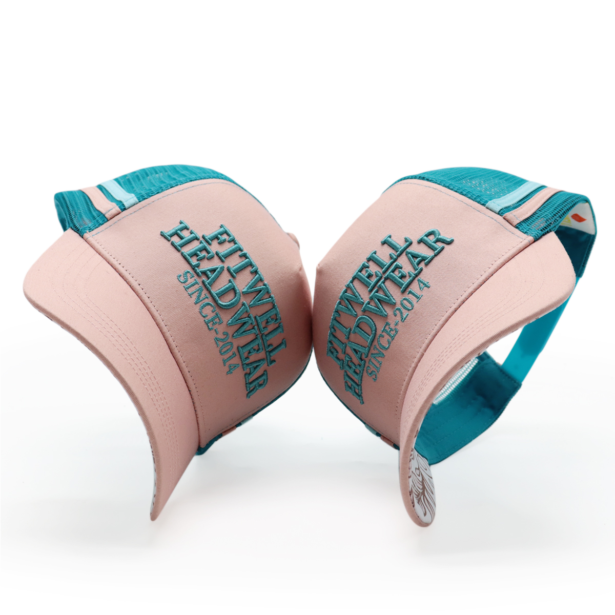 Pink and Teal Five-Panel Mesh Trucker Cap with Raised Letter Embroidery