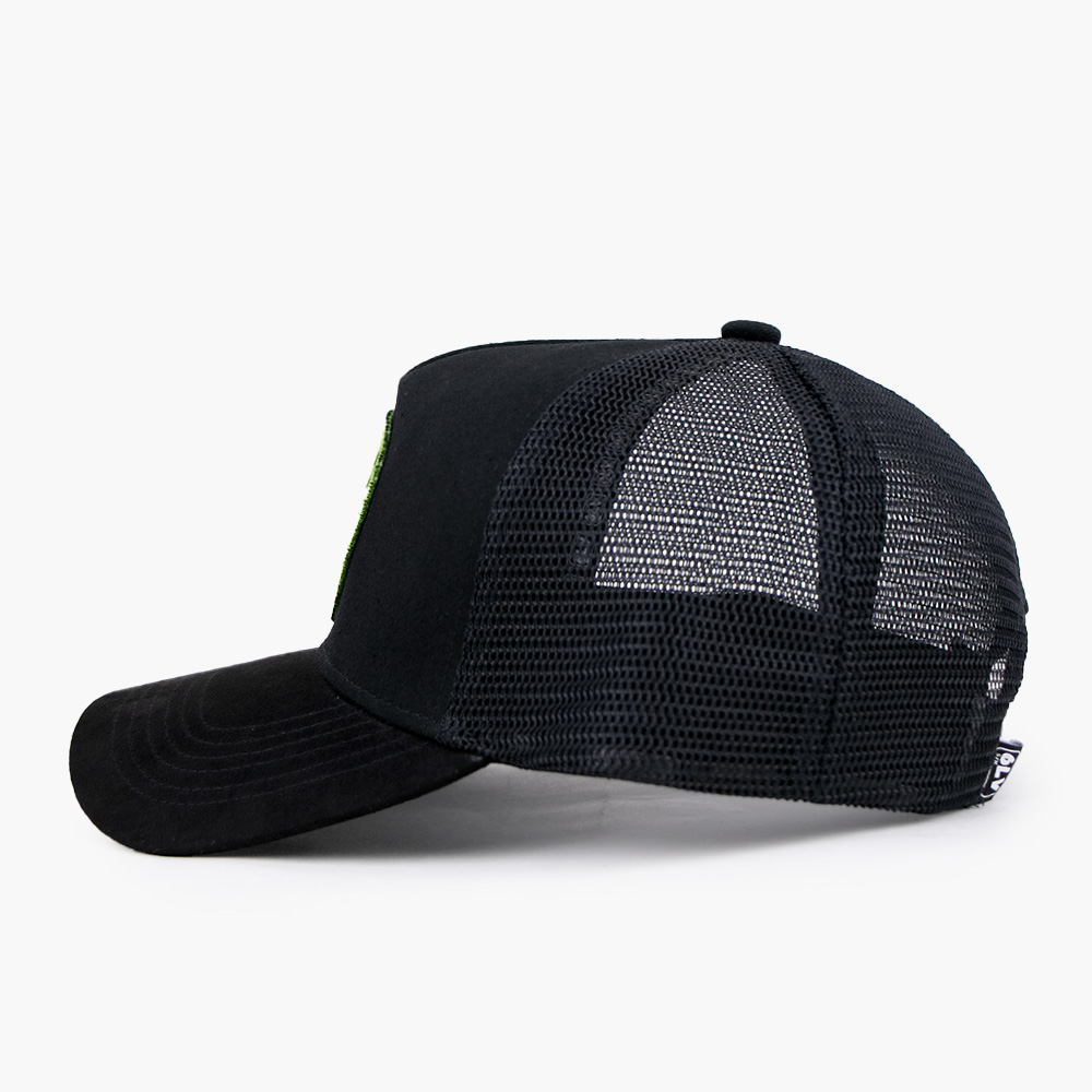 Black Happy Trash Money Bag Patch Mesh Trucker Cap