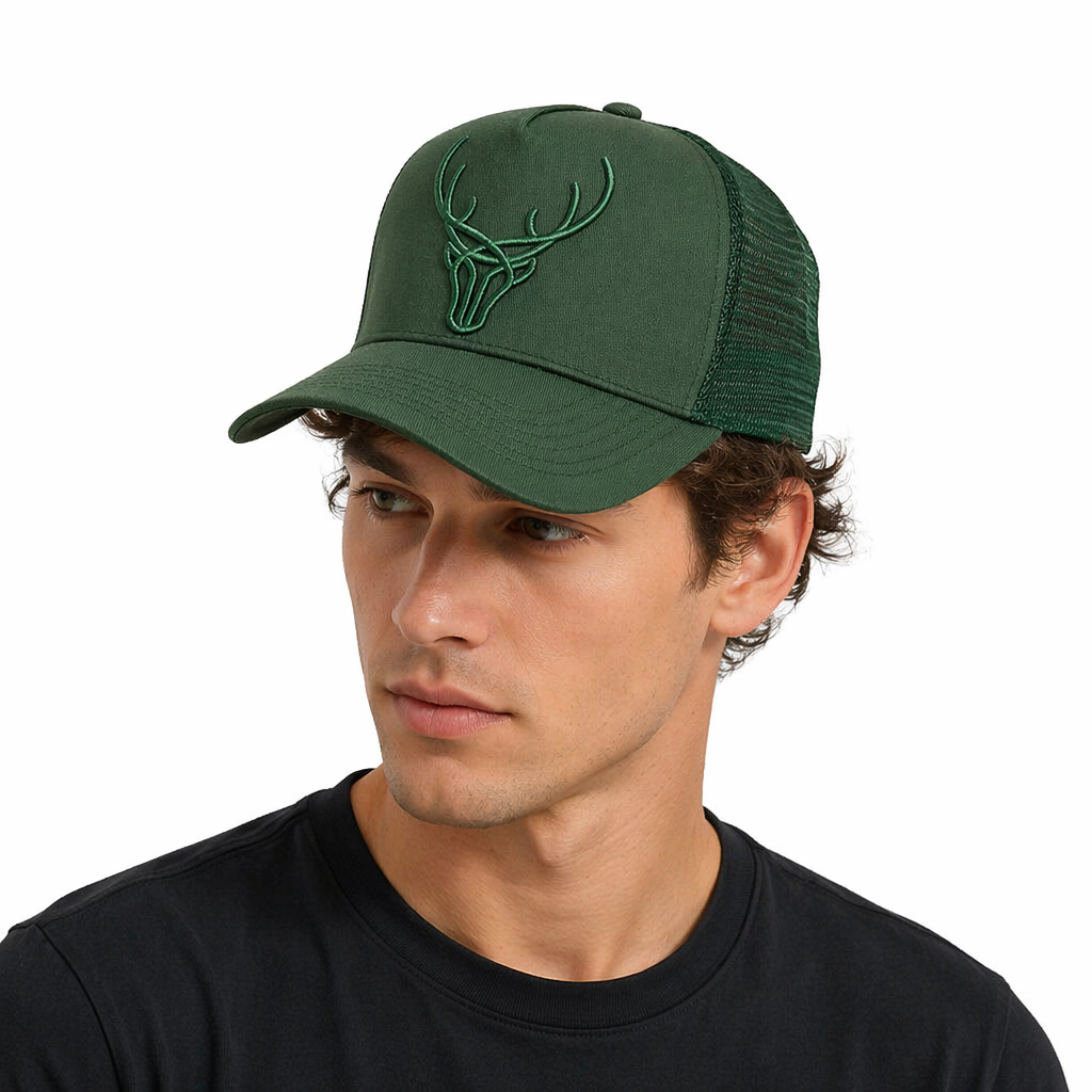 White and Forest Green Deer Embroidered Five-Panel Trucker Caps