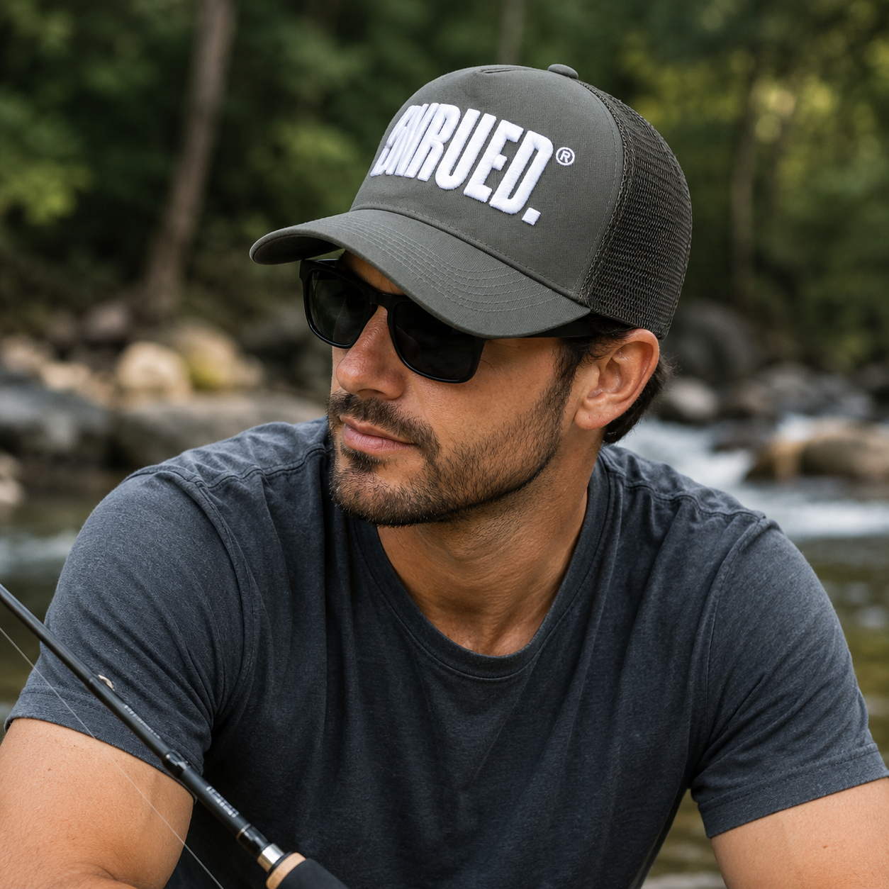 Olive Green and White Embroidered Five-Panel Mesh Trucker Cap