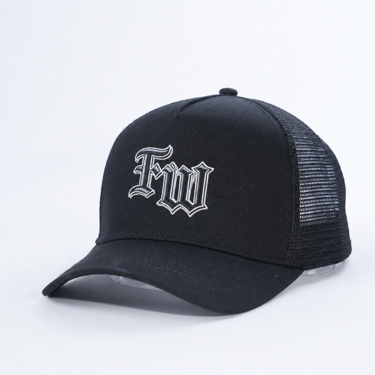 Black Mesh Trucker Cap with Embroidered Gothic Letter Logo