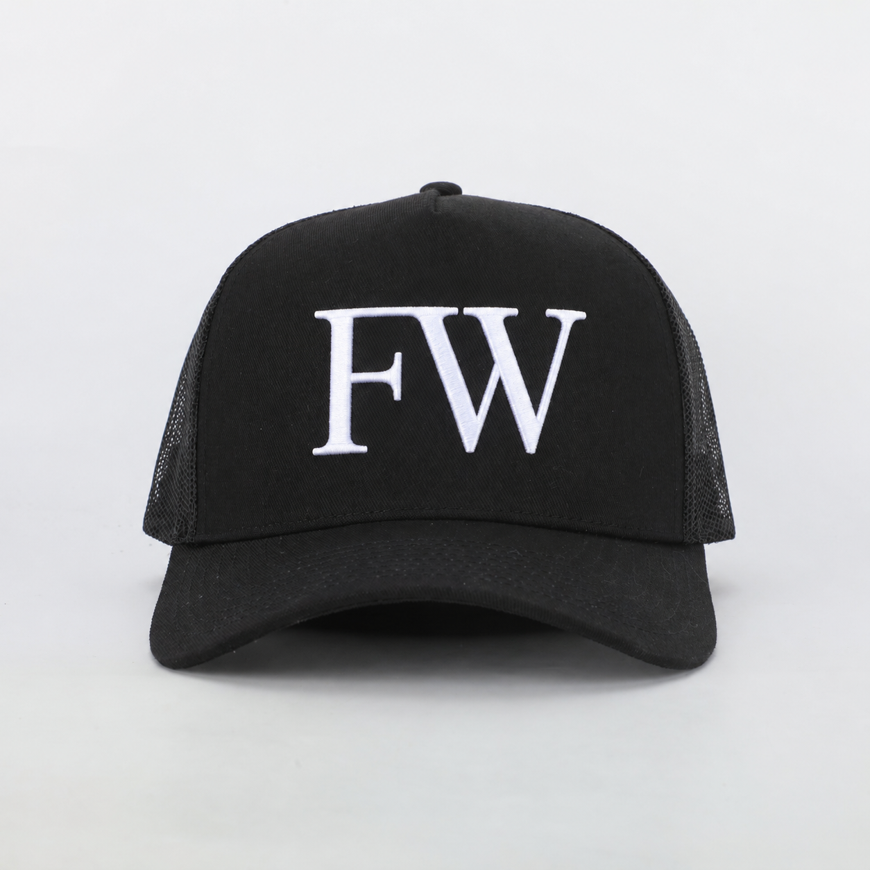 Black Mesh Trucker Hat with White Embroidered A Logo
