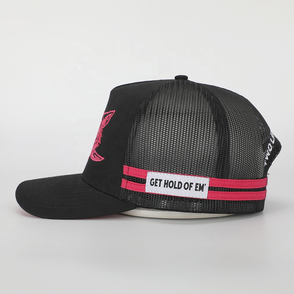 Black and Pink Embroidered Animal Graphic Cotton Trucker Hat