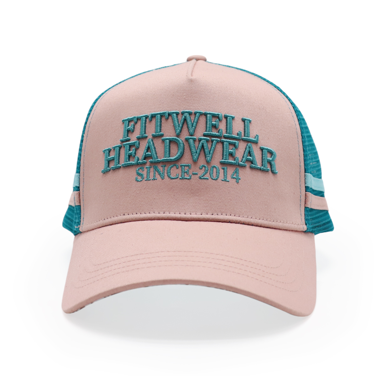 Pink and Teal Five-Panel Mesh Trucker Cap with Raised Letter Embroidery