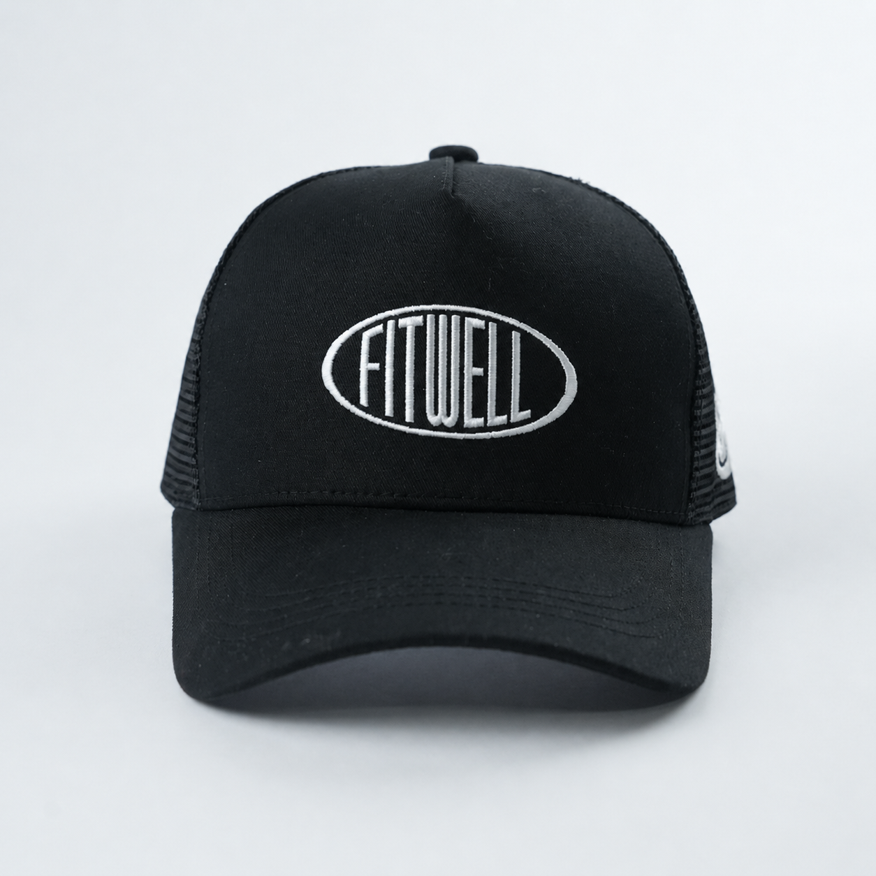 Black Mesh Trucker Cap with White Oval Embroidered Letter Logo