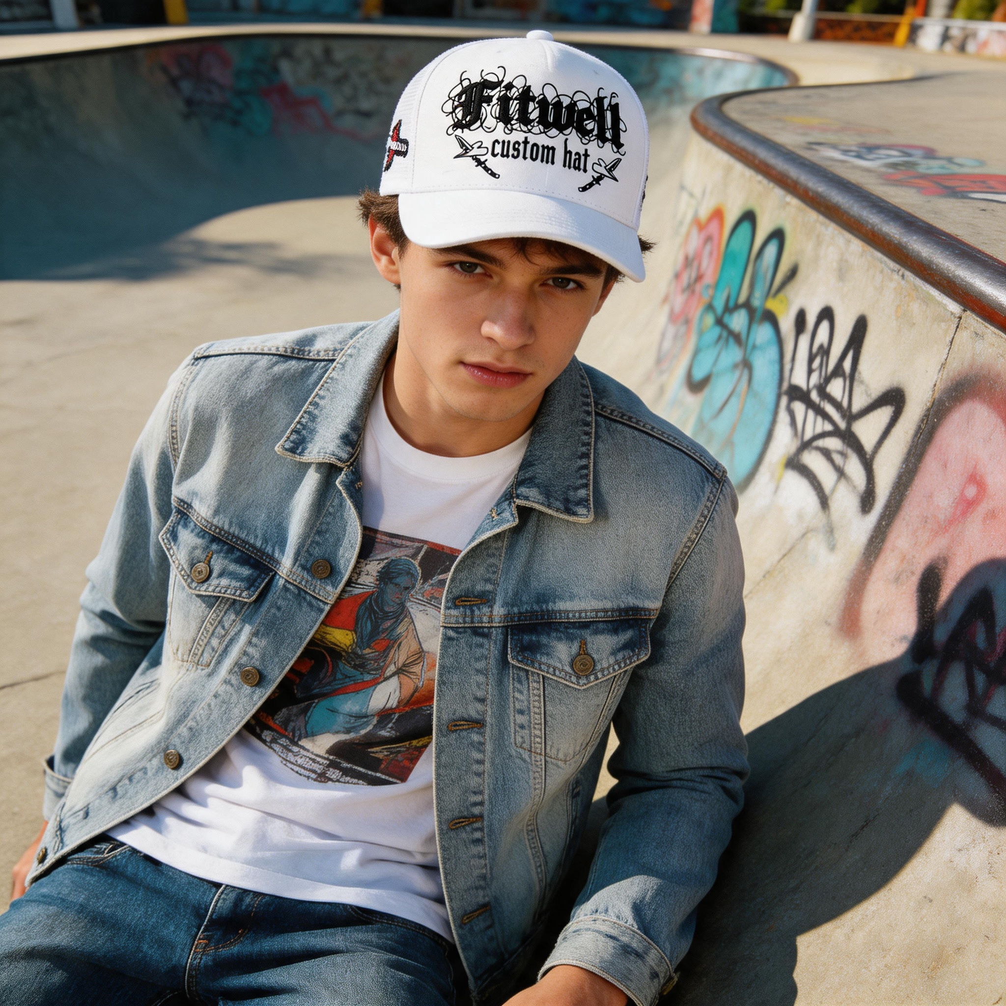 Black & White 5-Panel Cotton Trucker Hat with 3D Embroidered Studio Graphic, Warning Side Patch, Mesh Back and Curved Brim – Unisex Streetwear Cap