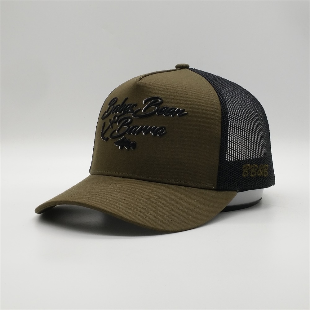Olive Green Black Mesh Script Embroidered Cotton Trucker Hat