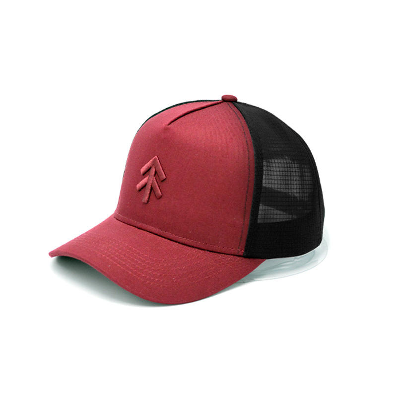 Burgundy and Green Mesh Trucker Cap with Tonal Arrow Embroidery