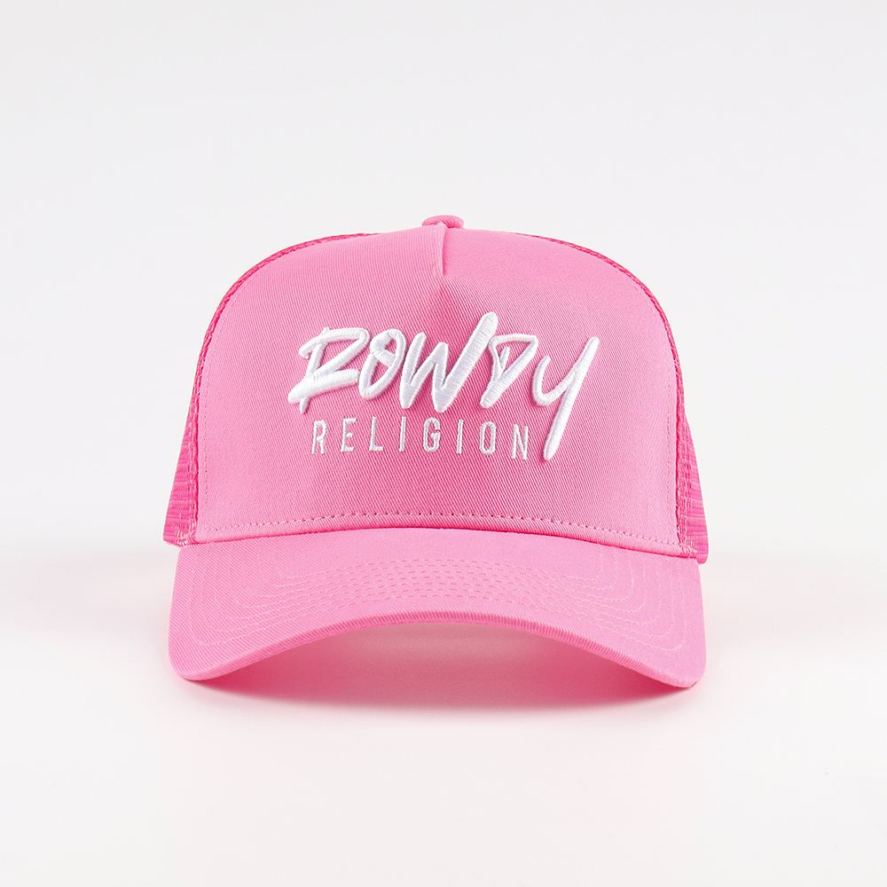 Bright Pink 5-Panel Mesh Trucker Cap with White Script Embroidery