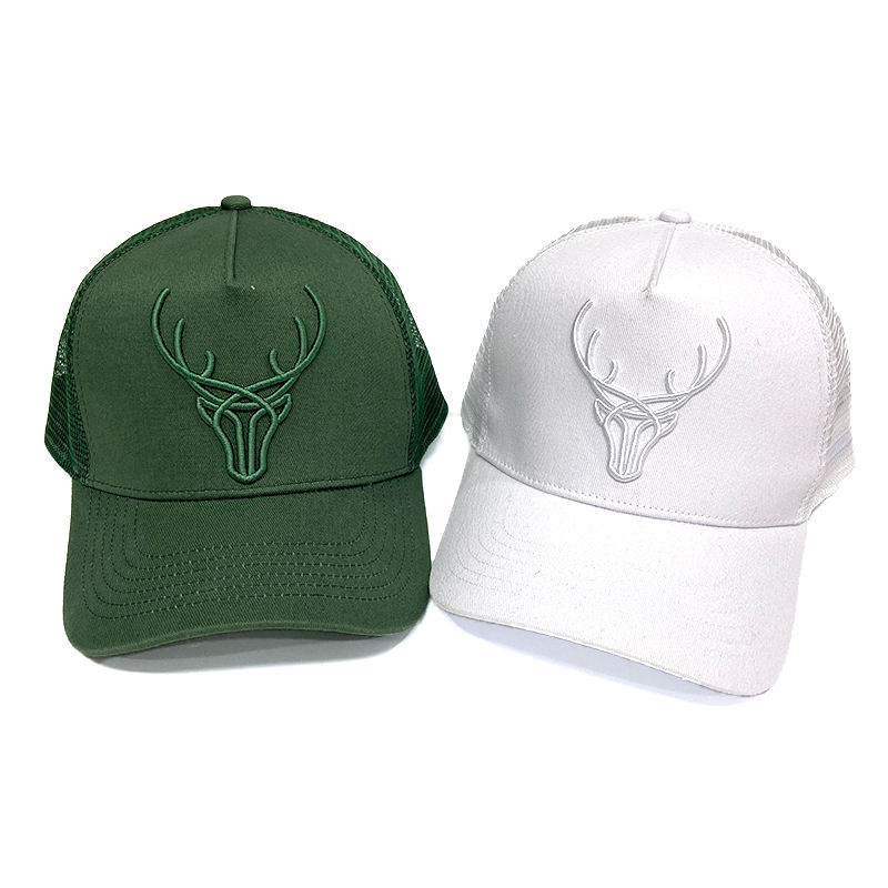 White and Forest Green Deer Embroidered Five-Panel Trucker Caps