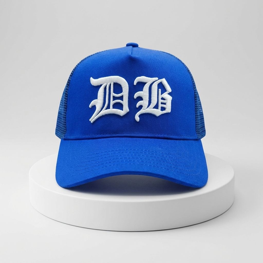 Royal Blue Mesh-Back Trucker Cap with Raised White Gothic DB Embroidery